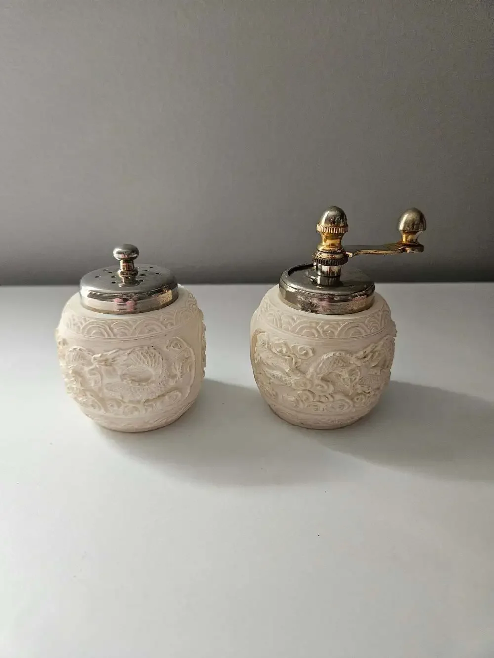 Vintage Italian Carved Faux Bone/Resin Dragon Motif Salt and Pepper Grinder Set